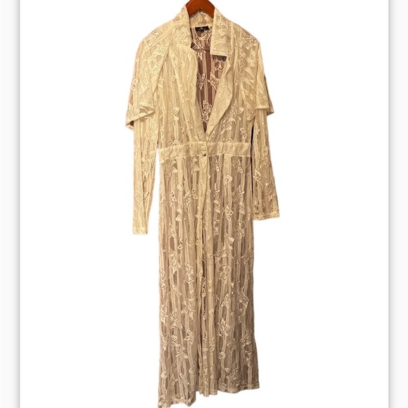 Valentine Cream See Thru Kimono Blouse Long Duster Sz L Women One Button - Picture 2 of 6